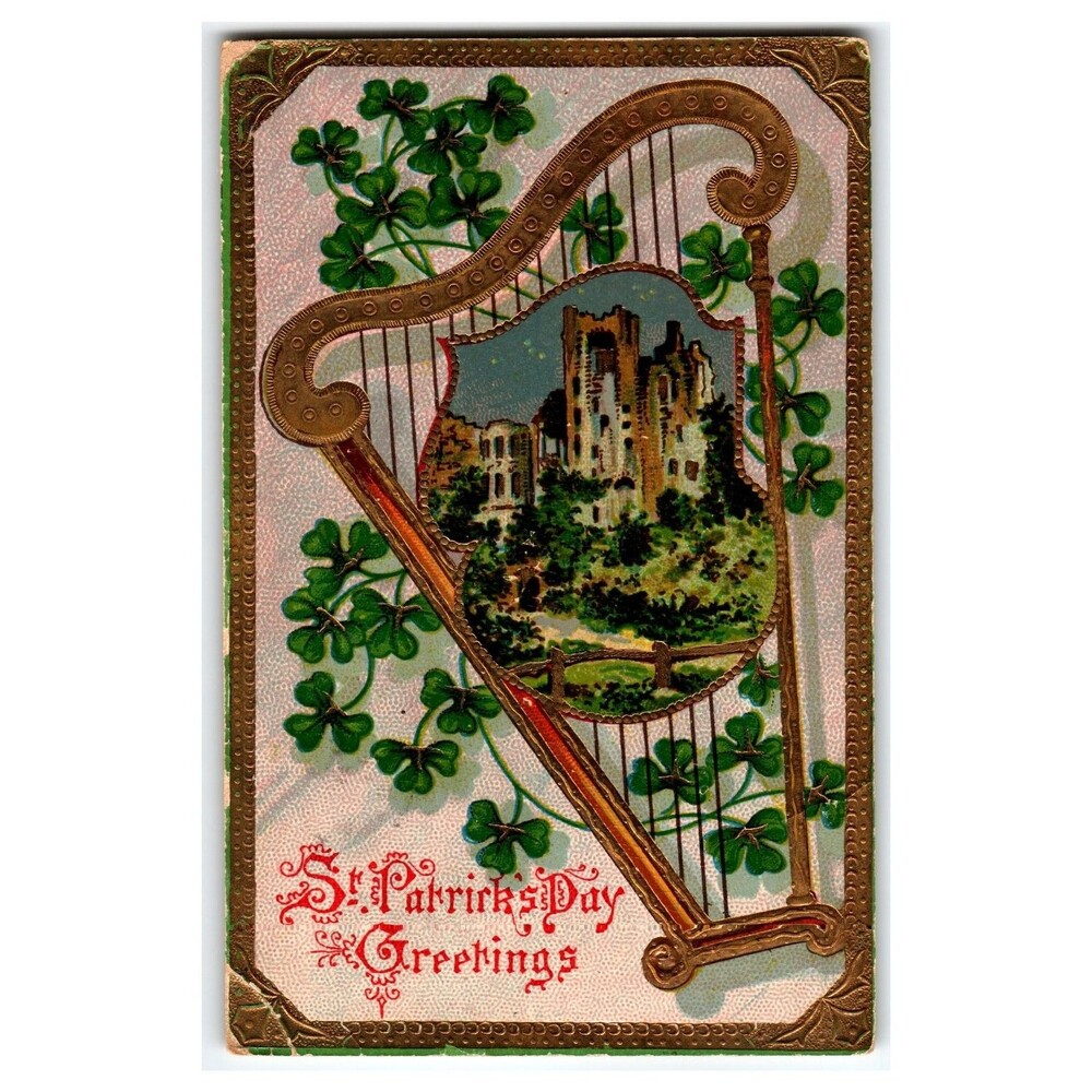 St. Patrick's Day Embossed Harp Castle Shamrocks Postcard Utica NY Posted 1900s